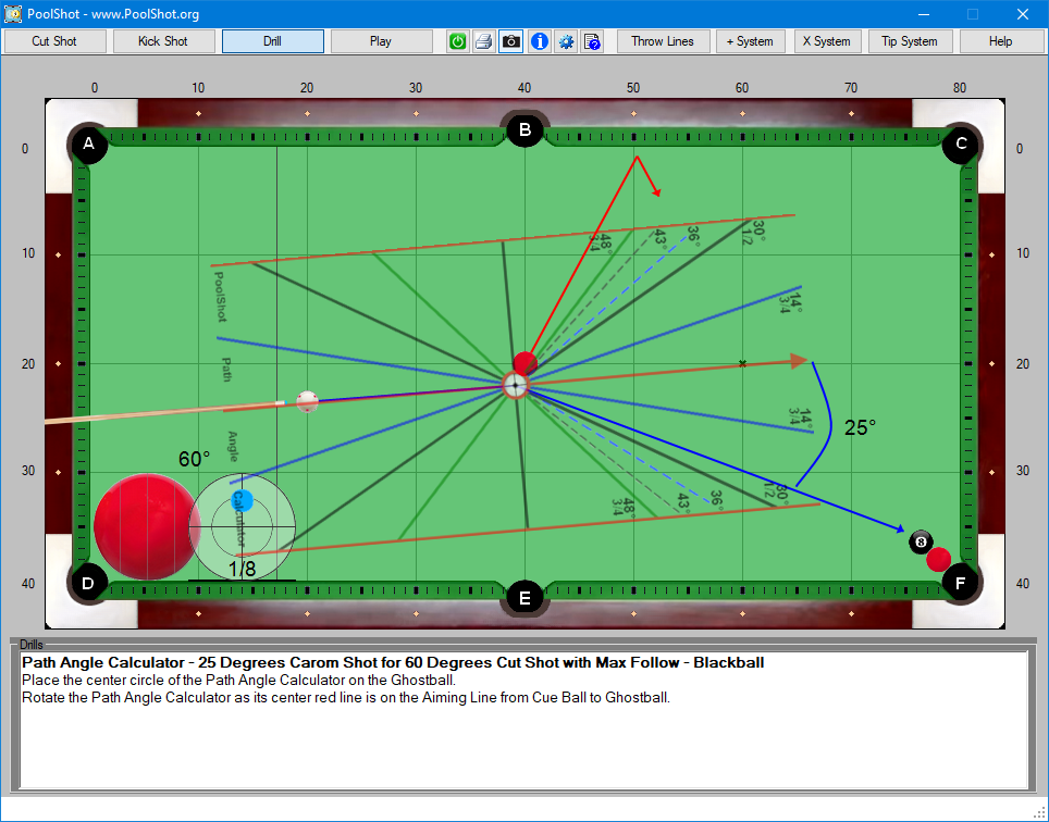 Path Angle Calculator - 25 Degrees Carom Shot for 60 Degrees Cut Shot with Max Follow - Blackball